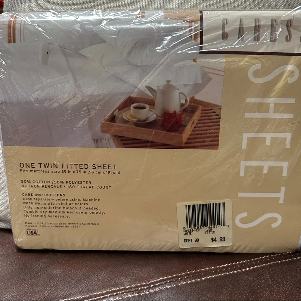 Vintage NEW Twin Fitted‎ Sheet- Caress/Mervyns White No Iron Percale 180 TC